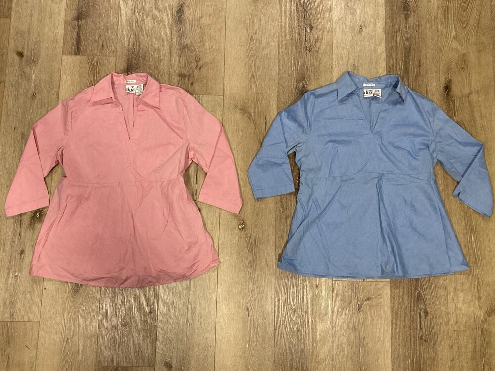 Duo Maternity Lot Of 2 Pink/Blue Popover Tunic Blouse Sz M Babydoll 3/4 Slv Work